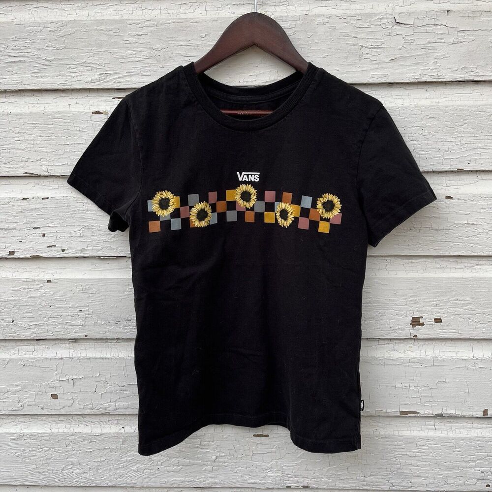 VANS Sunflower Check Women’s 100% Cotton Graphic Tee, Black- Size XS